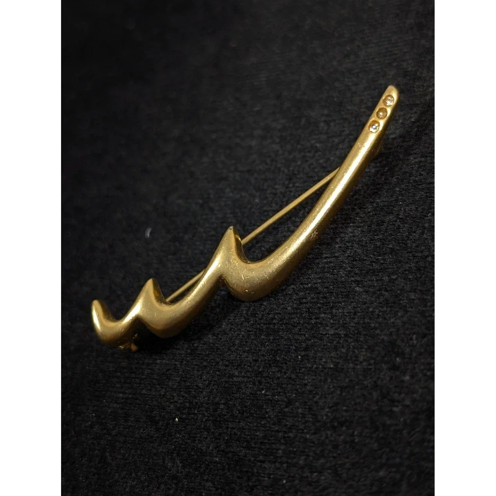 Vintage Gold Tone Matte Abstract Brooch 3‎ Rhinestone Modernist Pin Scribble